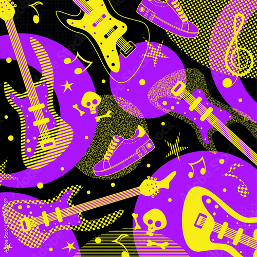 Pink and yellow guitar and shoes contour on black background seamless pattern. Vector illustration.