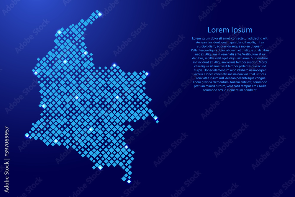 Colombia map from blue pattern rhombuses of different sizes and glowing space stars grid. Vector illustration.