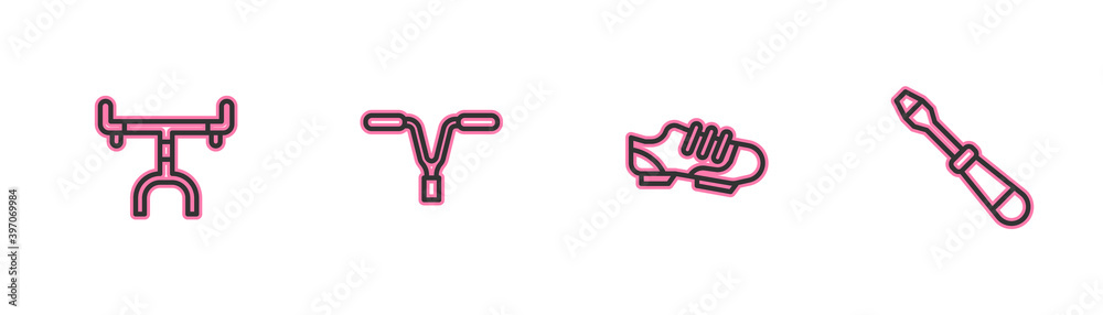Set line Bicycle handlebar, shoes, and Screwdriver icon. Vector. Set line Bicycle handlebar, shoes, and Screwdriver icon. Vector.