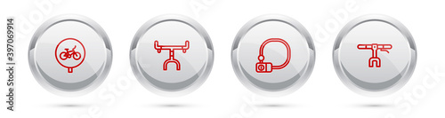 Set line Bicycle, handlebar, lock and . Silver circle button. Vector illustration