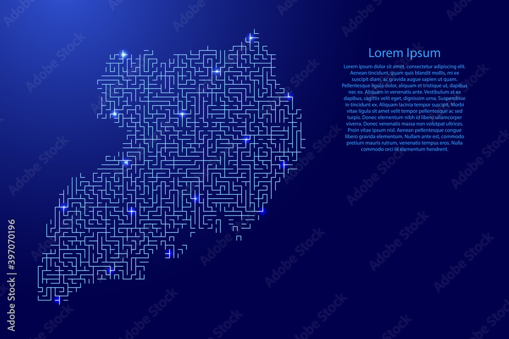 Uganda map from blue pattern of the maze grid and glowing space stars grid. Vector illustration.
