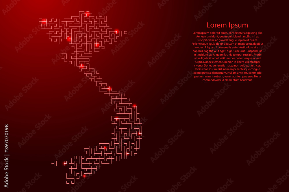 Vietnam map from red pattern of the maze grid and glowing space stars grid. Vector illustration.