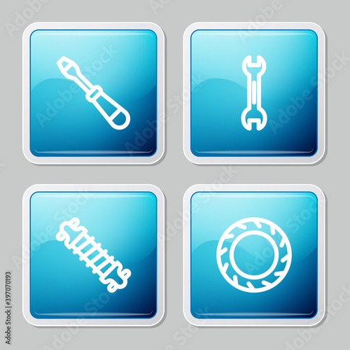 Set line Screwdriver, Wrench spanner, Bicycle suspension and wheel tire icon. Vector.