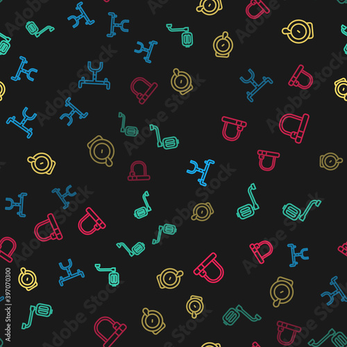 Set line Bicycle handlebar, pedal, bell and lock on seamless pattern. Vector.