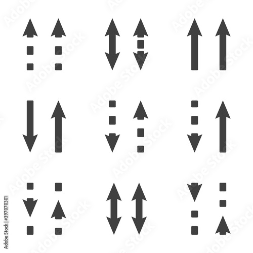 Direction arrows icons set. Straight and dashed arrows in the same and different directions. Simple linear image. Isolated vector on white background.