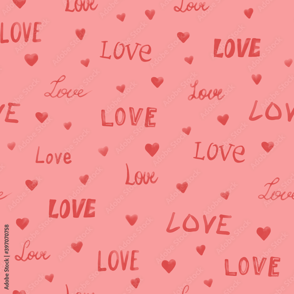 Love word in different fonts with hears on pink hand-drawn digital watercolour seamless pattern for valentine day - fabric, wrapping, textile, wallpaper, background. Love word in different fonts with hears on pink hand-drawn digital watercolour seamless pattern for valentine day - fabric, wrapping, textile, wallpaper, background.