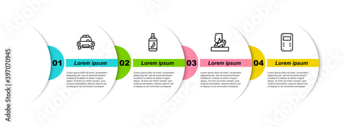 Set line Police car and flasher, Pepper spray, Burning and assault shield. Business infographic template. Vector.