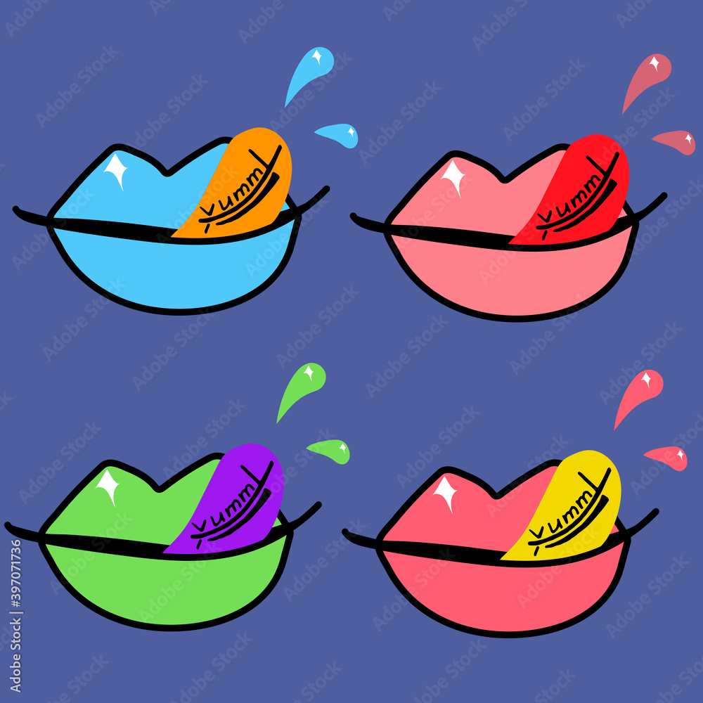 Multi-colored lips with the inscription on the tongue of yummy. Vector illustration in pop art style. It can be used as a logo, poster, sign, postcard, etc. Multi-colored lips with the inscription on the tongue of yummy. Vector illustration in pop art style. It can be used as a logo, poster, sign, postcard, etc.