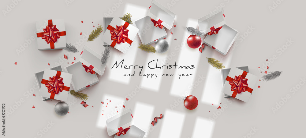 Merry Christmas celebration flat lay banner template with realistic beautiful red gift boxes and confetti vector Merry Christmas celebration flat lay banner template with realistic beautiful red gift boxes and confetti vector