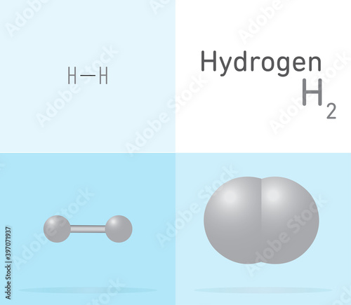 Hydrogen (H2) gas molecule. Two 
different molecule model and chemical formula. Ball, stick and Space filling model. Structural Chemical Formula and Molecule Model. Chemistry Education