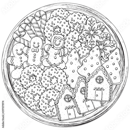 Christmas gingerbread cookies, holiday baking. Circle Pattern with winter hand-drawn decorative elements in vector. Coloring book page for adults. Black and white.