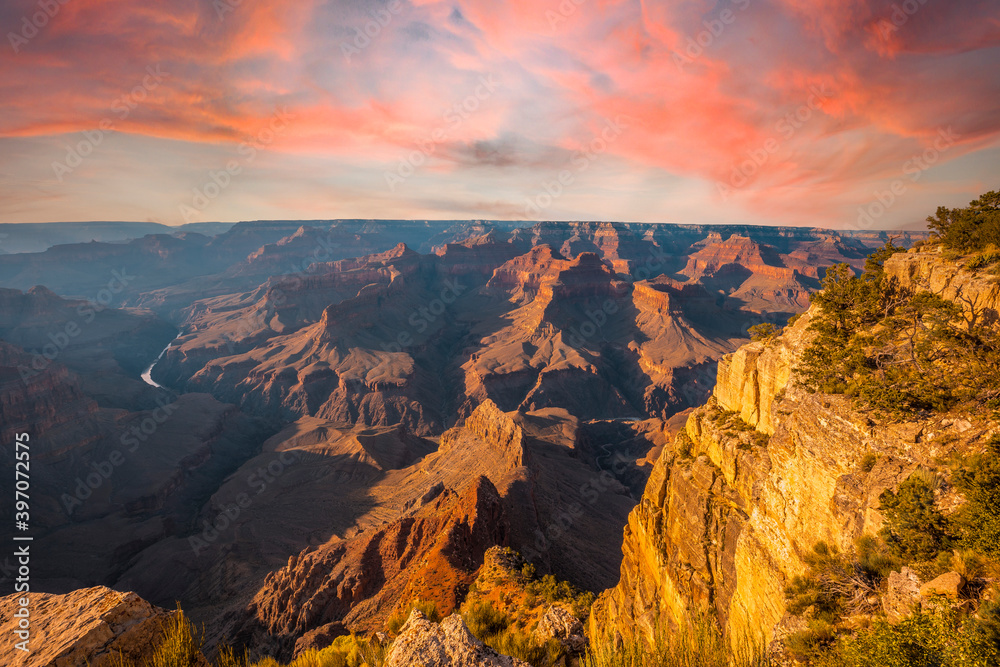 Sunset at the Grand Canyon's Mojave Point Overlook. Grand Canyon at sunset, Arizona. United States