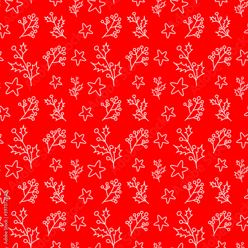 christmas pattern with holly sprigs and stars on red background