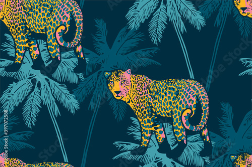 Tropical seamless pattern with palm trees and leopard.
