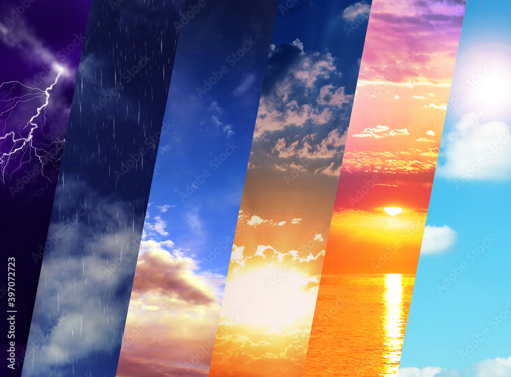 Photos of sky in collage. Different weather - obrazy, fototapety, plakaty 