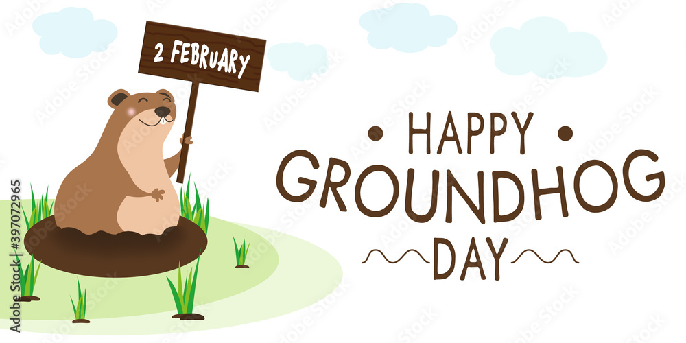 Happy Groundhog Day greeting card with cute cartoon animal. Banner design