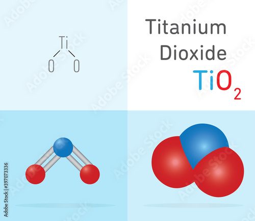 Titanium Dioxide (TiO2) gas molecule. Two 
different molecule model and chemical formula. Ball, stick and Space filling model. Structural Chemical Formula and Molecule Model. Chemistry Education