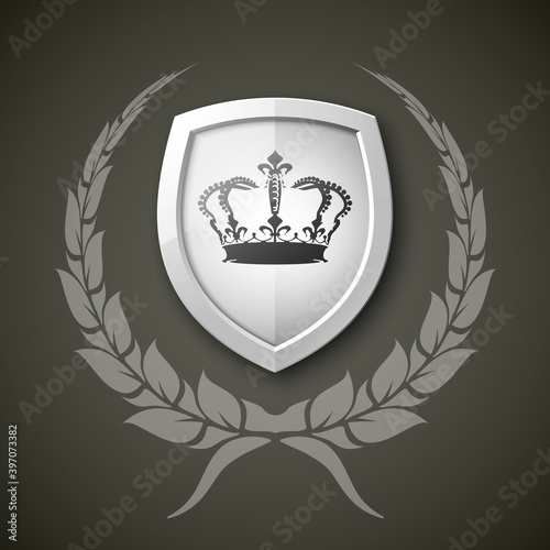 Protected wreath crown shield concept. Safety badge protection garland icon. Privacy corona banner shield. Security label Defense tag. Crown sticker shield. Defense safeguard sign. wreath badge
