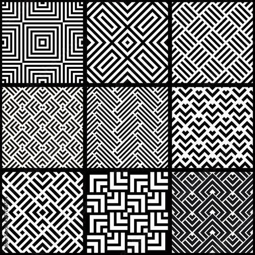 Set of 9 tiles Azulejos in black and white. Original traditional Portuguese and Spain decor. Seamless patchwork tile with geometric design. Ceramic tile in talavera style. Vector