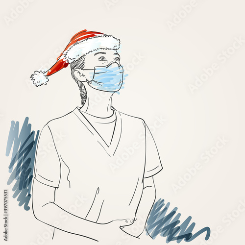 Christmas at Coronavirus illustration. Young woman with hands on her belly wearing medical face mask and santa hat, looking up, Hand drawn vector sketch, New normal