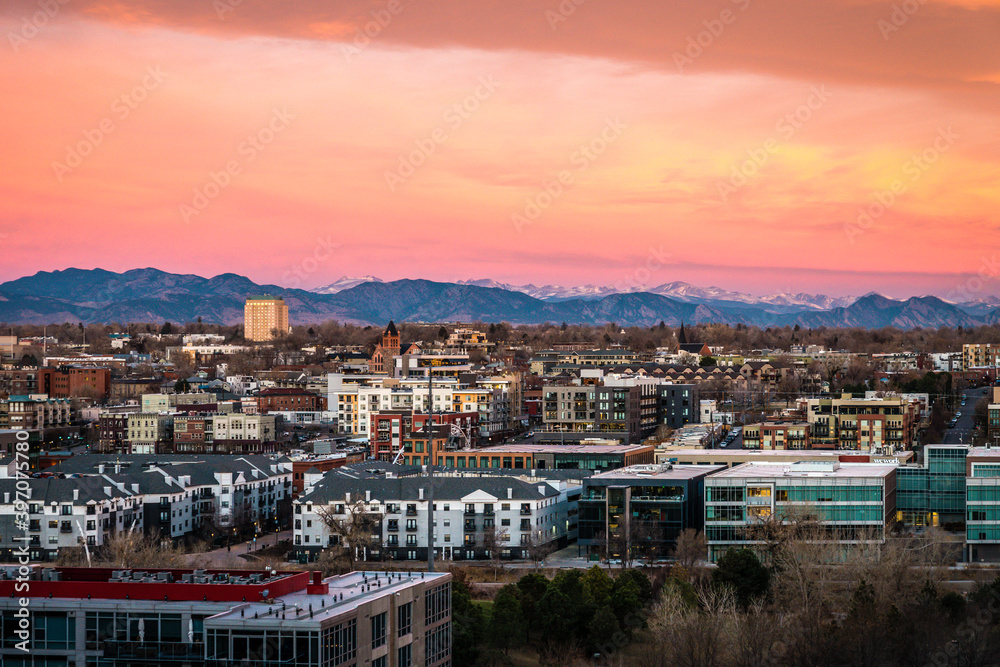 Denver skyline with dramatic sunset