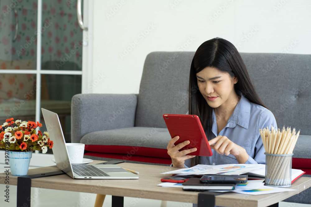 Asian beautiful young woman work from home with computer at home new normal Asian beautiful young woman work from home with computer at home new normal