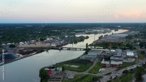 Aerial view above Menominee, Mi and Marinette, Wi at sunset photo