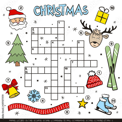 Merry Christmas crossword for kids. Children's winter game with cartoon elements. Santa Claus, tree, reindeer, skis, skates, scarf, hat, snowflake. Vector illustration.
