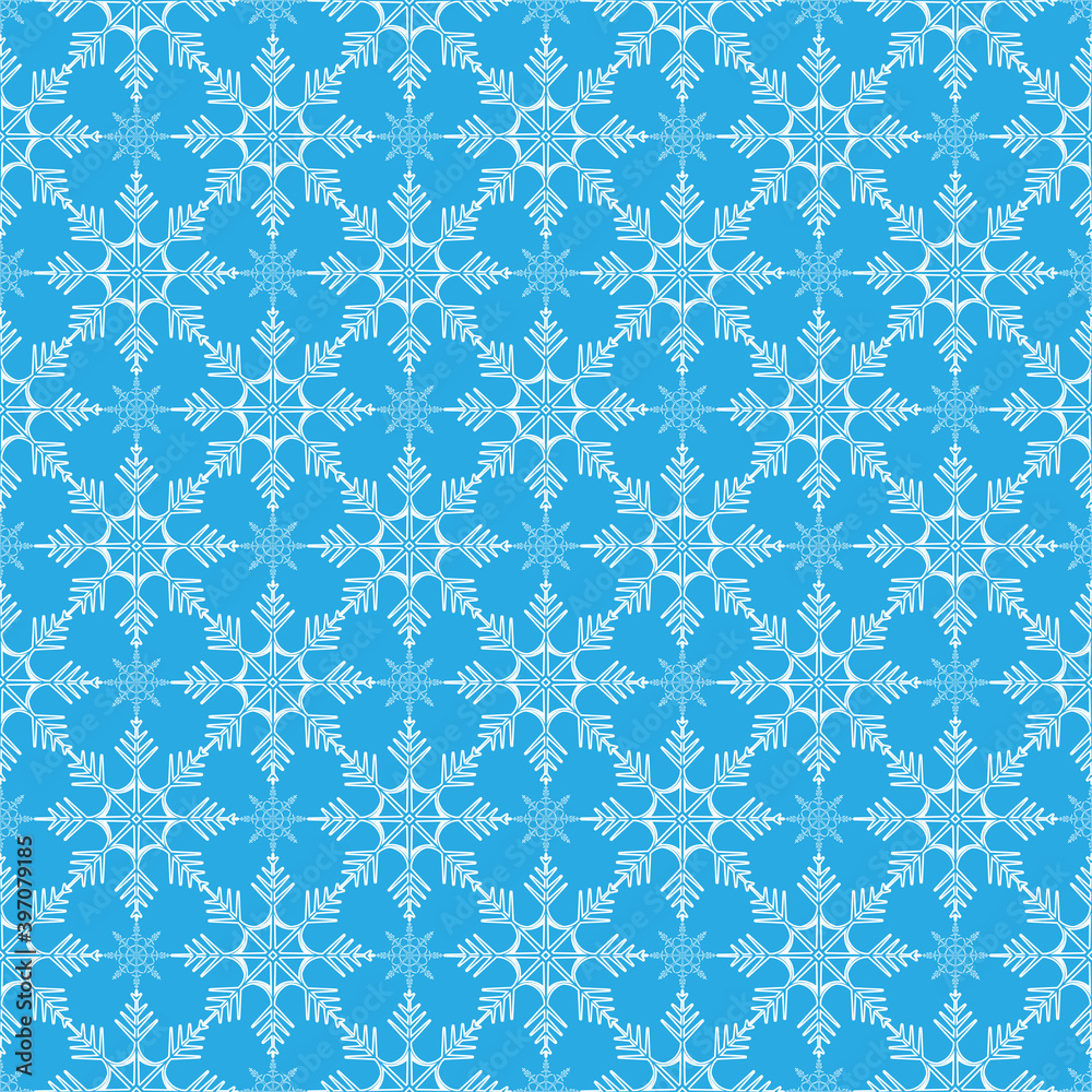 Seamless vector winter pattern of snowflakes on a blue background