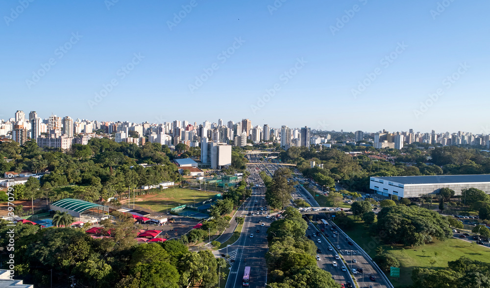 Sao Paulo city, 23 de Maio avenue and Ibirapuera park.