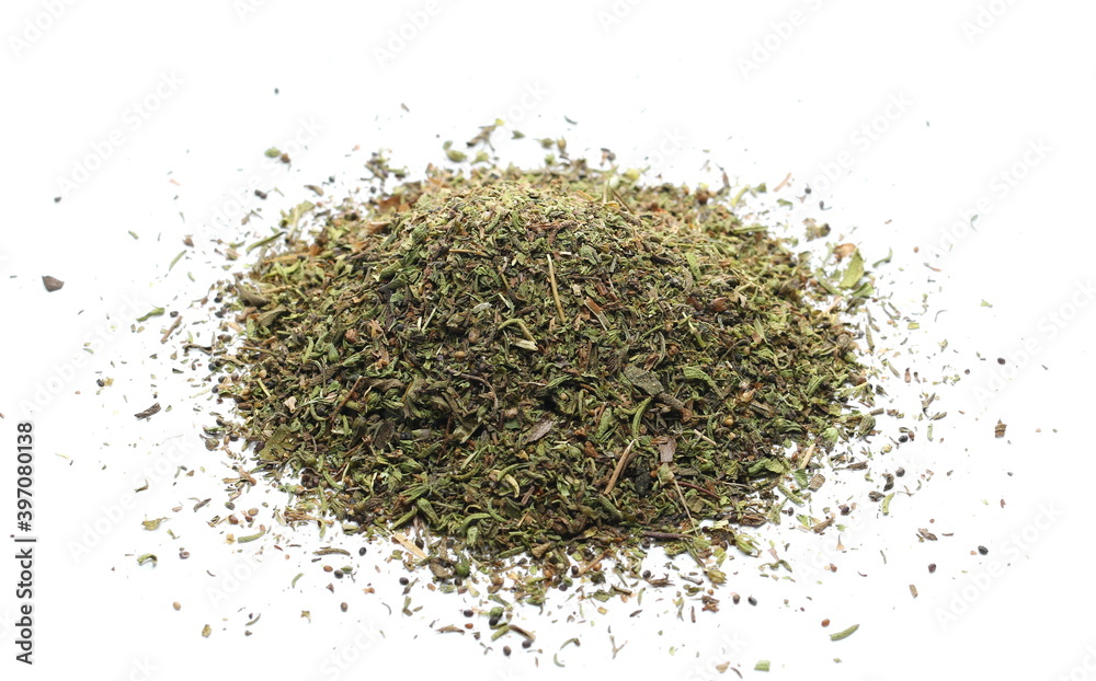 Dry chopped summer savory (Satureja hortensis) isolated on white background Dry chopped summer savory (Satureja hortensis) isolated on white background
