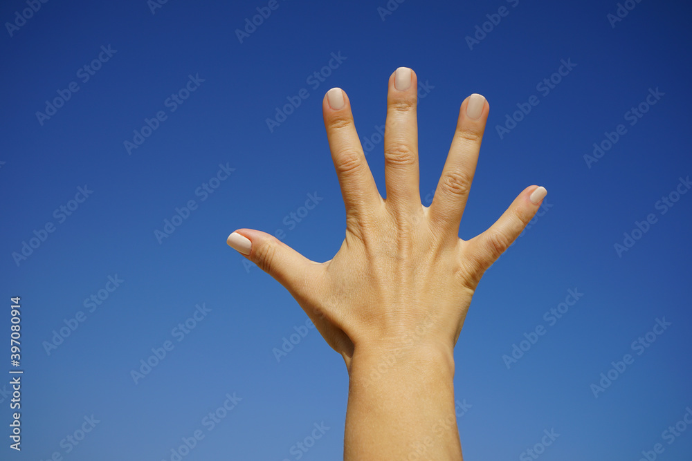 women's hands show the number five against a cloudless blue sky women's hands show the number five against a cloudless blue sky