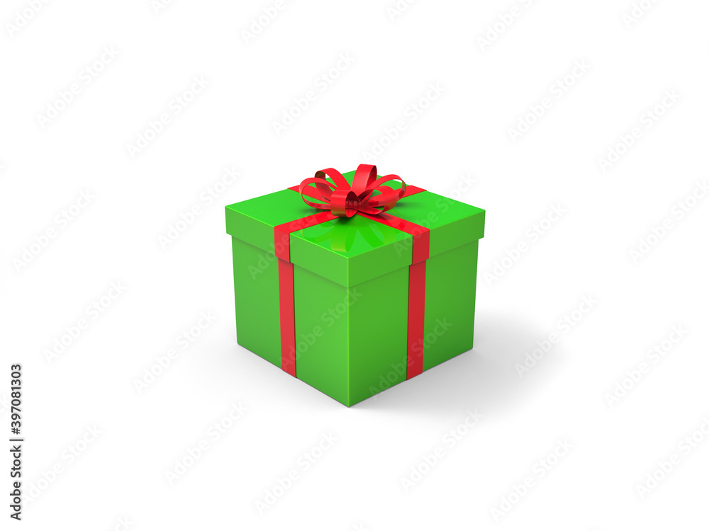 Bright green gift box with red ribbon - isolated on white background Bright green gift box with red ribbon - isolated on white background