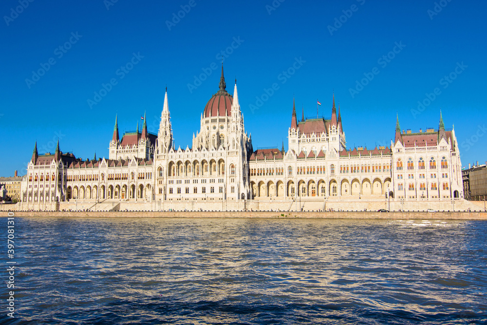 Hungarian National Parliament Building on the bank of the Danube river in Budapest, capital of Hungary. 
Hungarian landmark and a popular tourist destination in Budapest. Designed in neo-Gothic style