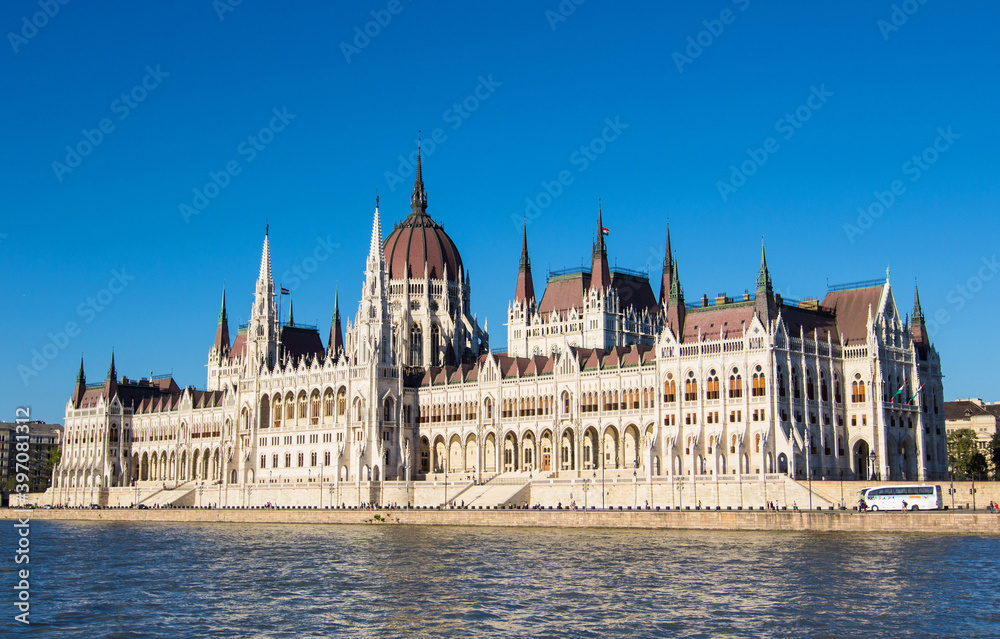 Hungarian National Parliament Building on the bank of the Danube river in Budapest, capital of Hungary. 
Hungarian landmark and a popular tourist destination in Budapest. Designed in neo-Gothic style