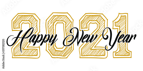 2021 HAPPY NEW YEAR script text hand lettering. Design template Celebration typography poster, banner or greeting card for Merry Christmas and happy new year. Vector Illustration