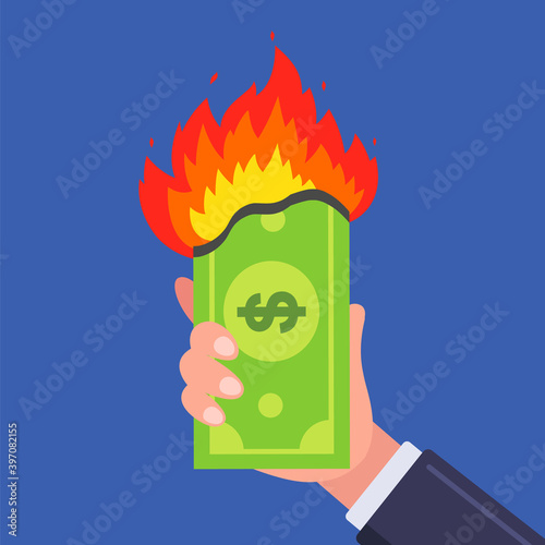 a bill is burning in a man hand. business financial crisis. flat vector illustration.