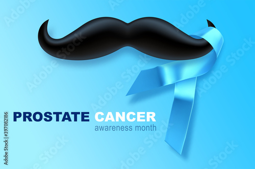 Ribbon cancer. Awareness of men health in November with blue prostate cancer ribbon on blue background. Adrenocortical concept.