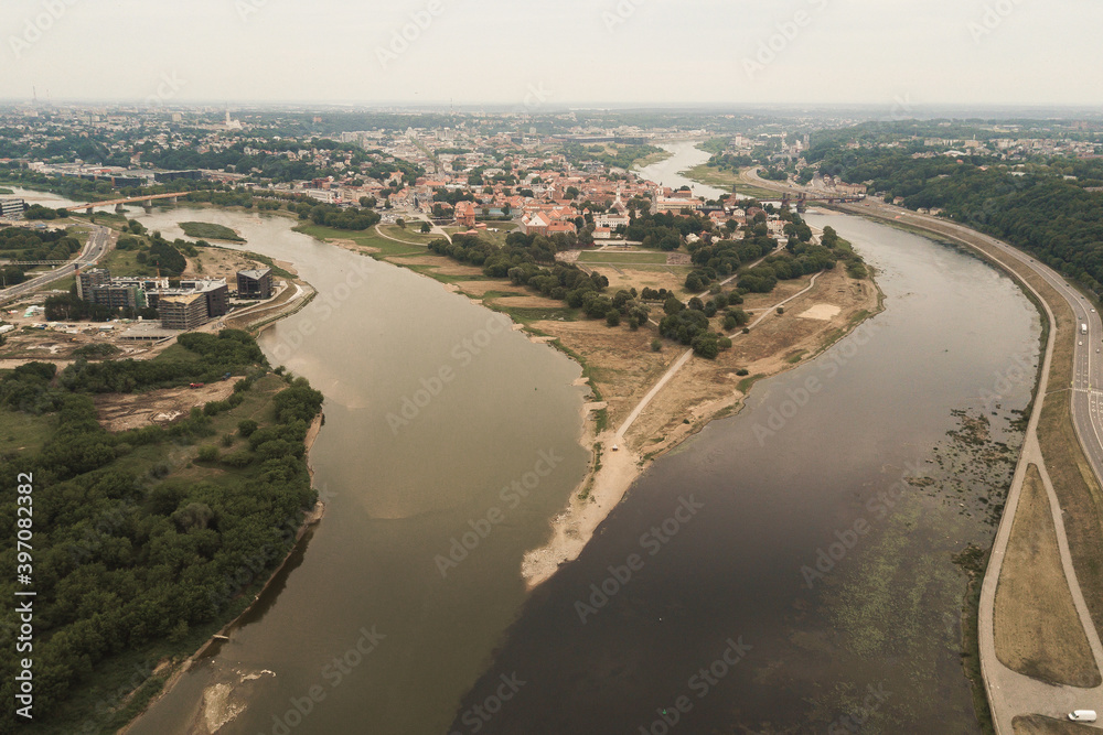 look view from above drone shot aerial Kaunas, Lithuania river Nemunas Nemuna