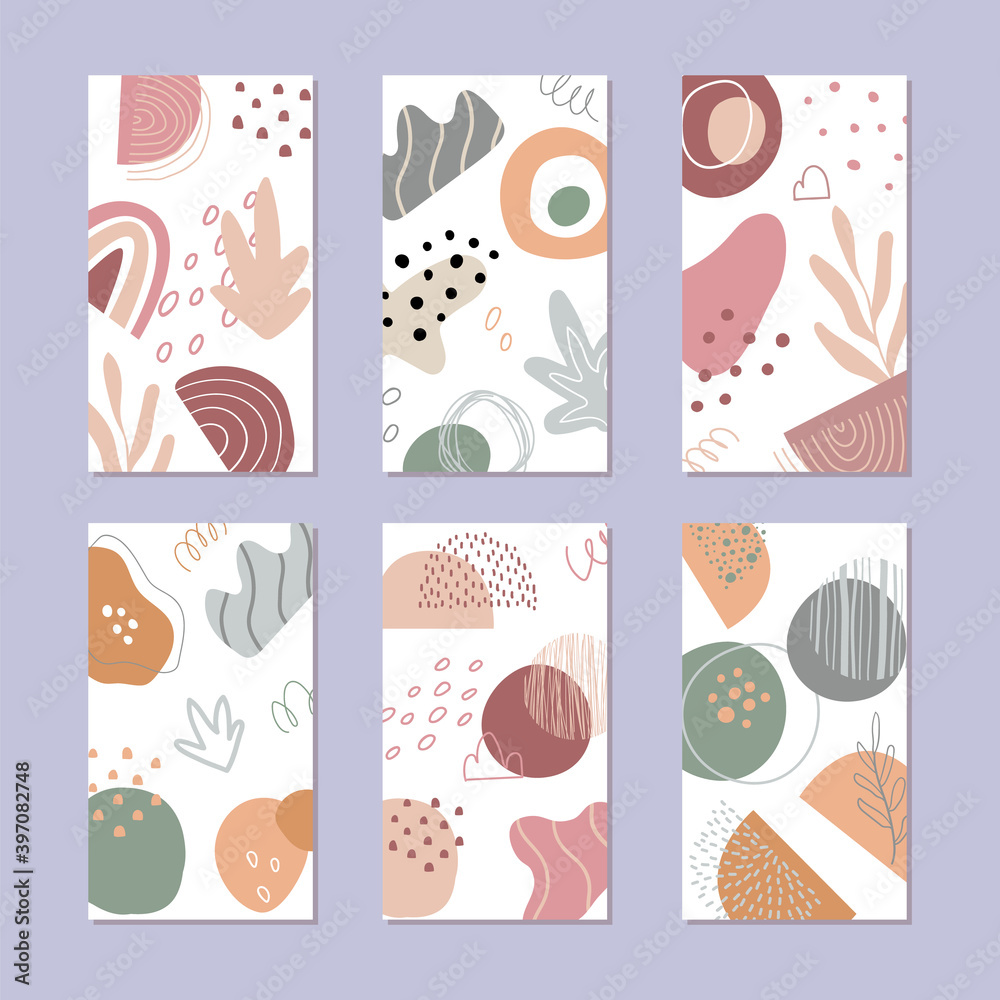 Fototapeta premium Set of abstract story backgrounds. Hand drawn natural pattern in trendy style. 