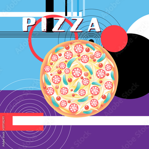 Bright vector poster with pizza on a geometric