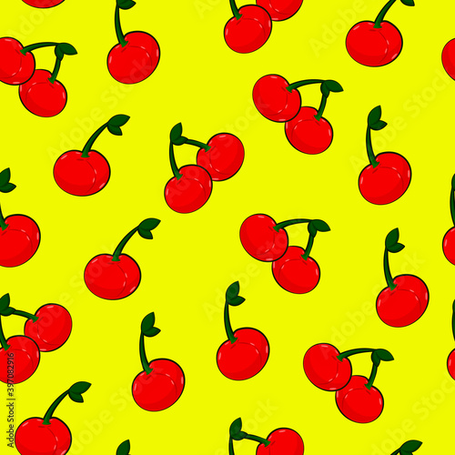 Cherry seamless pattern on a yellow background. Vector illustration.