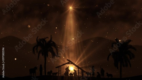 Christmas Scene with twinkling stars and brighter star of Bethlehem with sparkling nativity characters and animated animals and trees. Seamless Loop Nativity Christmas story with twinkling stars. 4k photo