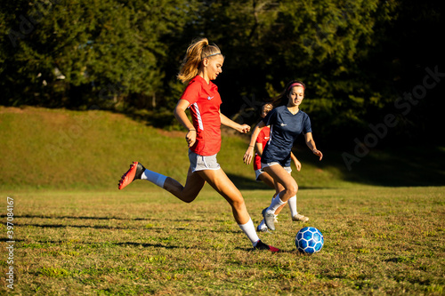 Girl kicking soccer ball in game