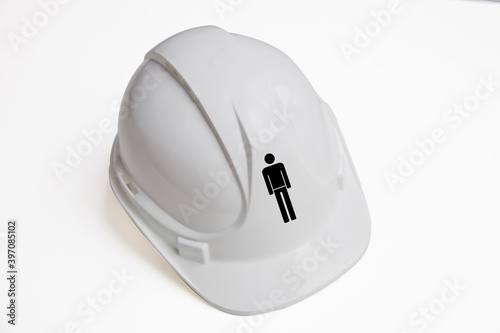 Men's sign on hard hat against white background