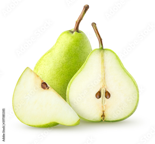 Isolated green pear fruits. Two green pears and a piece isolated on white background with clipping path