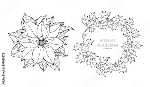 Poinsettia and holly berry border. Christmas flower. Vintage vector artwork. Black and white. Coloring book page for adult. Hand drawn. Holiday concept for greeting card, branding, logo, label