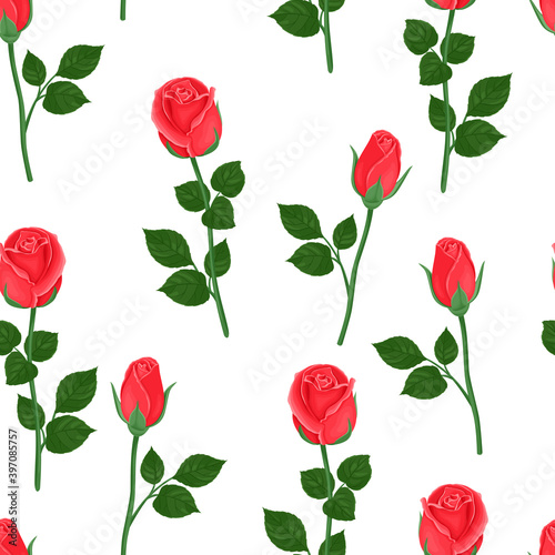 Red rose flowers with green stems and leaves seamless pattern. Vector floral background. Cartoon flat style.