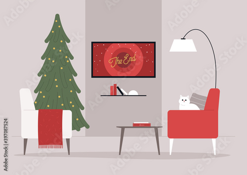 A living room Christmas interior design, a Xmas tree, and armchairs, seasonal movies, winter holidays
