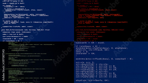 Four combined computer terminal screens, showing source code projects (obfuscated text instructions).
 photo